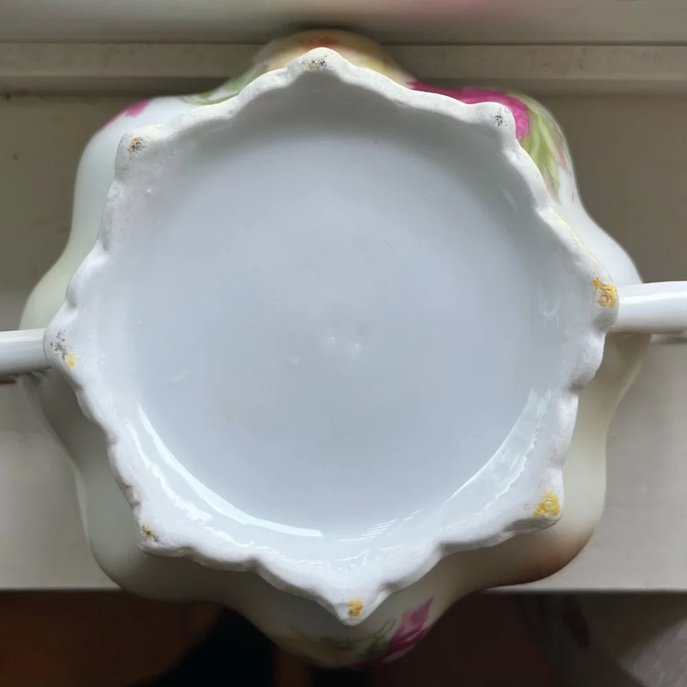 Antique 1920 German Rare Art Nouveau Floral Porcelain Sugar Pot Heart Handles